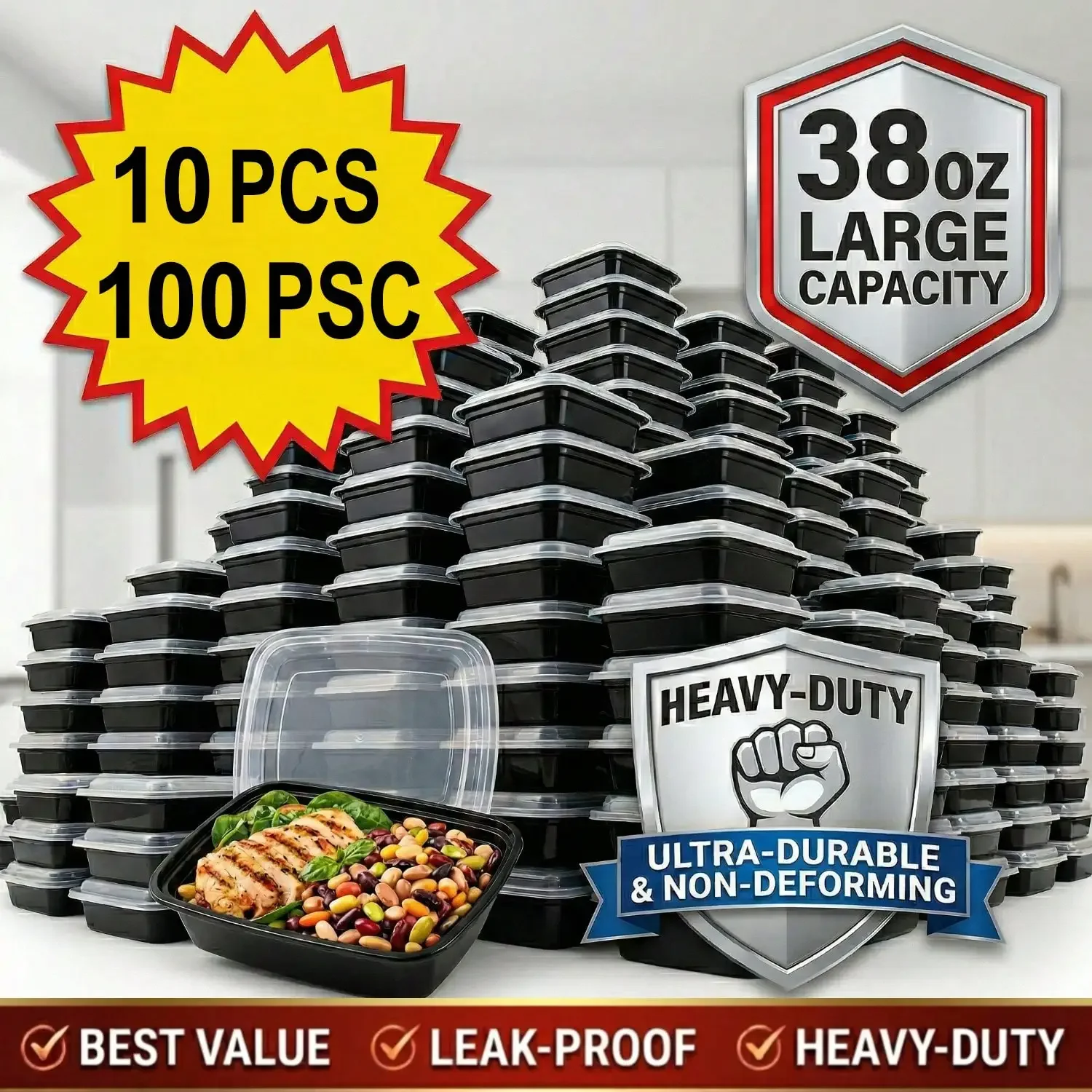 10/100pcs 38oz Black Rectangul - огляд і ціна Meal Prep Kitchen